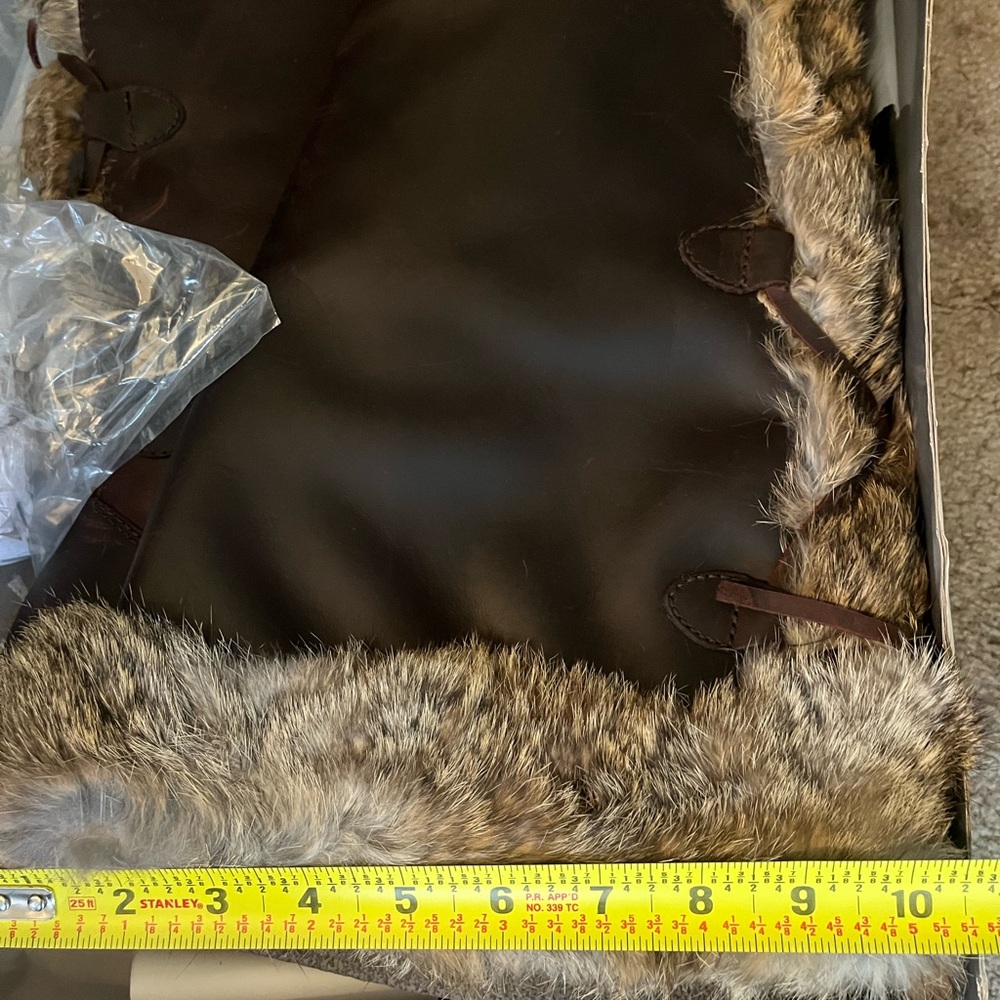 Cougar Brown Rabbit Fur-Trimmed Knee-High Leather Laced Boots - Picture 12 of 14